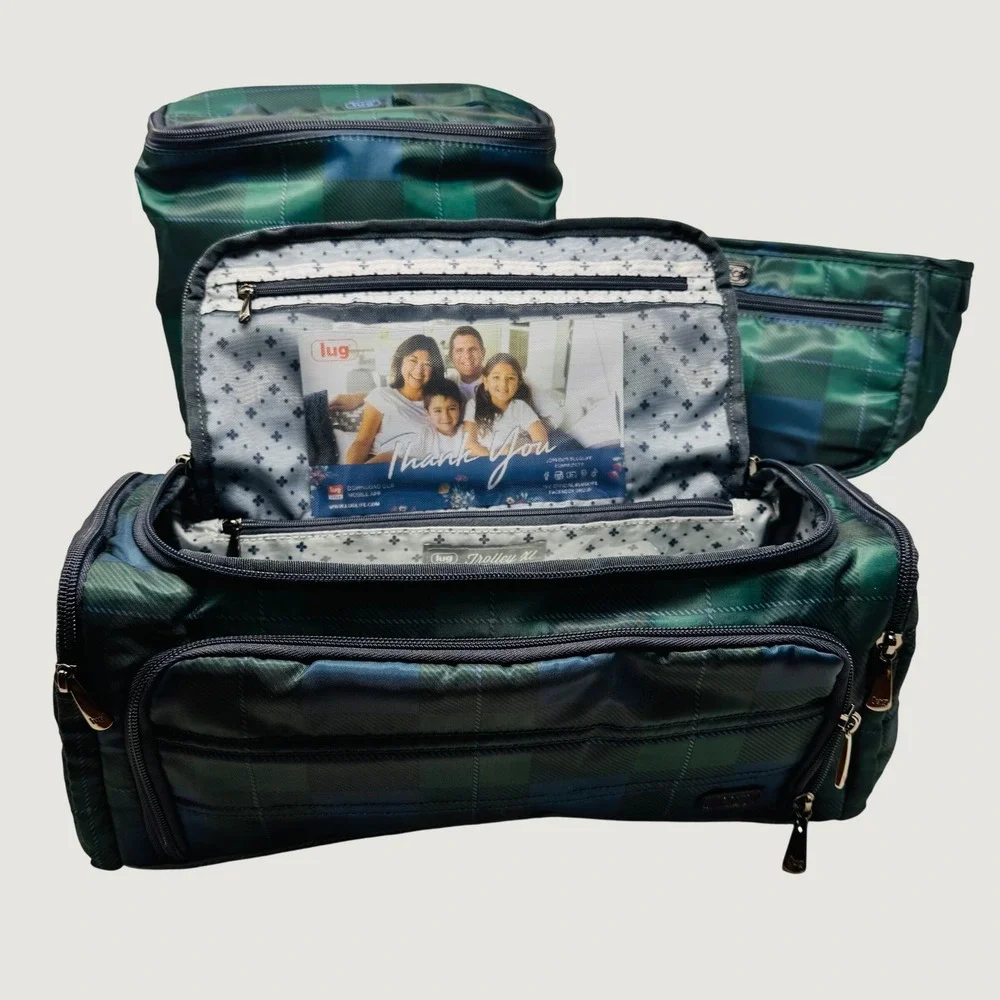 Lug Cosmetic Case Unisex Green Plaid Trolley XL 3pc Travel Makeup Organizer